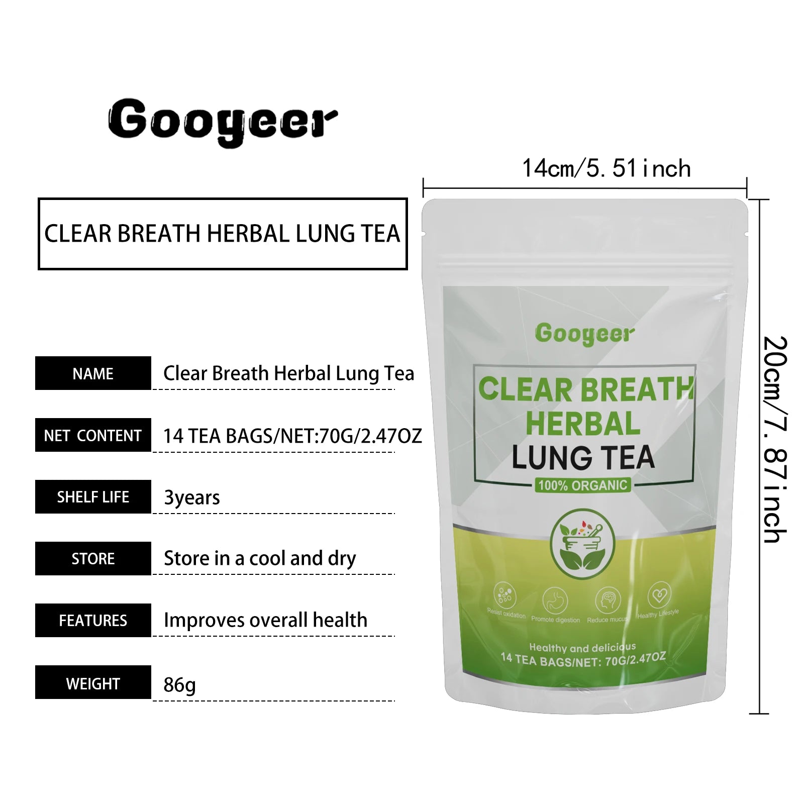 Googeer 14pcs Clear Breathing Herbal Tea Cleanse Detox For Lungs Liver Repair Body Metabolism Dietary Supplement Herbal Tea