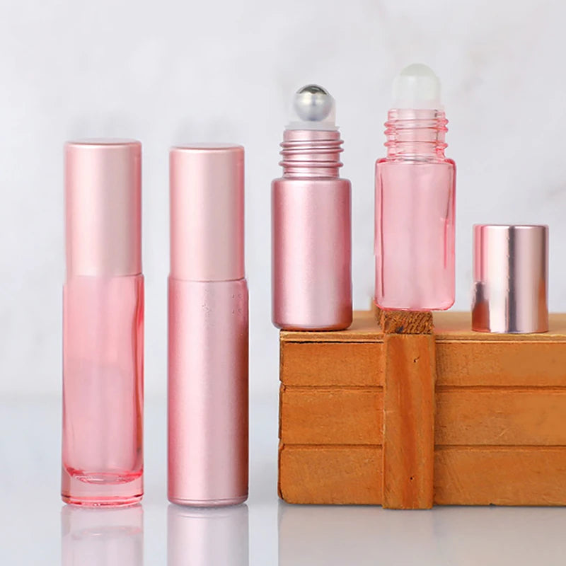 1PCS Glass Roll On Bottle 5/10ml Pink Roller Bottle Essential Oil Lip Gloss Refillable Tube Empty Jar Glass Perfume Bottle