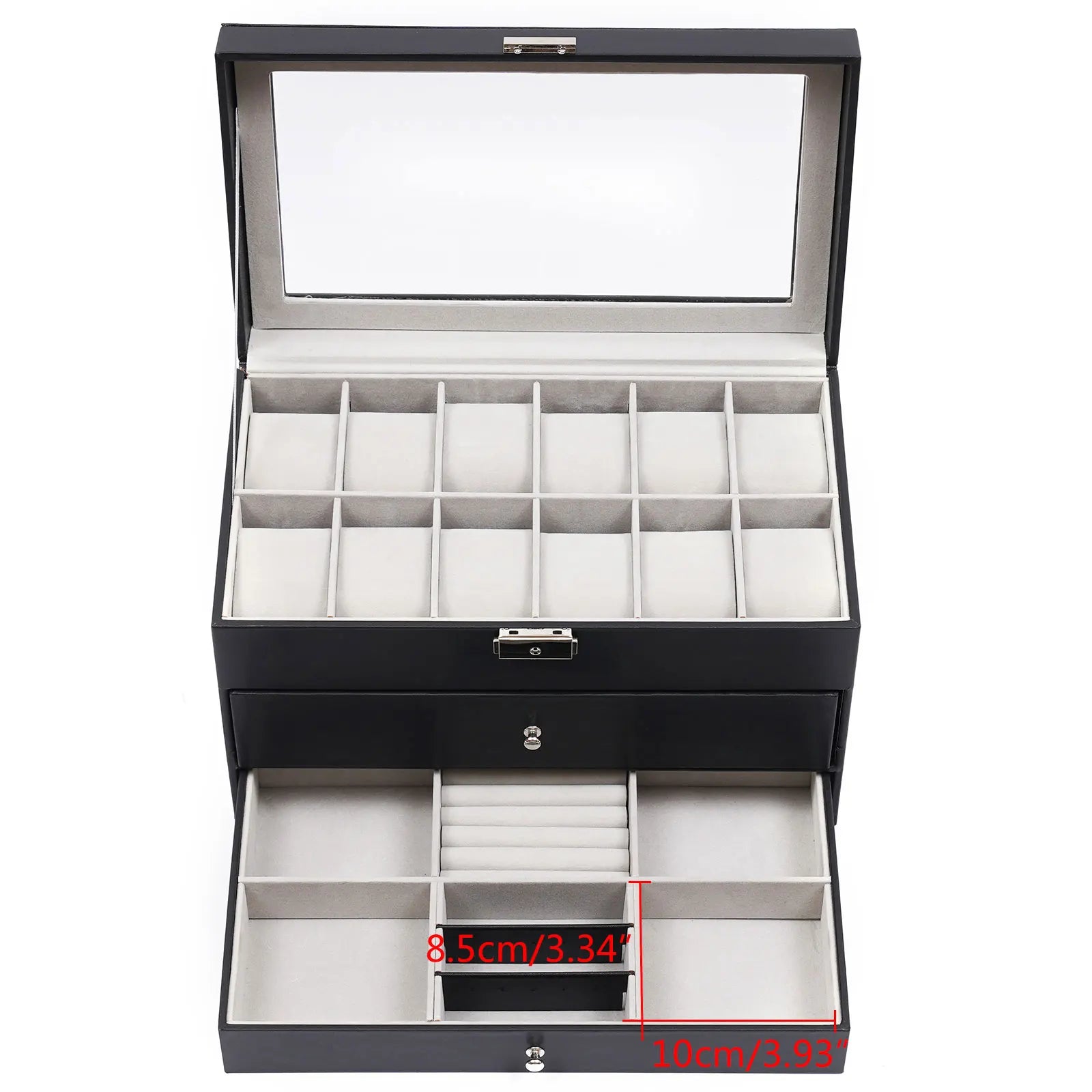 Bymaocar Black 3-Tier Drawer Jewelry Box, 12-Slot Watch Organizer W/ PU Leather & Metal Clasp, Eyeglass & Sunglass Storage Case