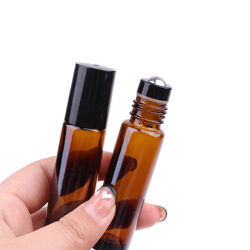 10ml Amber Thin Glass Roll on Bottle Sample Test Essential Oil Vials with Roller Metal Glass Ball