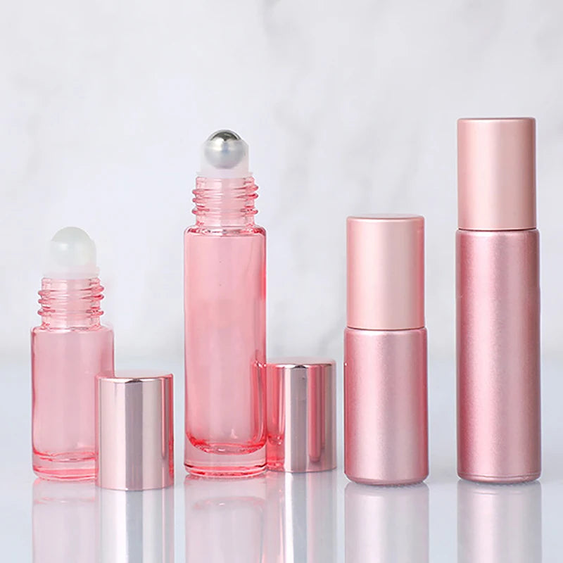 1PCS Glass Roll On Bottle 5/10ml Pink Roller Bottle Essential Oil Lip Gloss Refillable Tube Empty Jar Glass Perfume Bottle