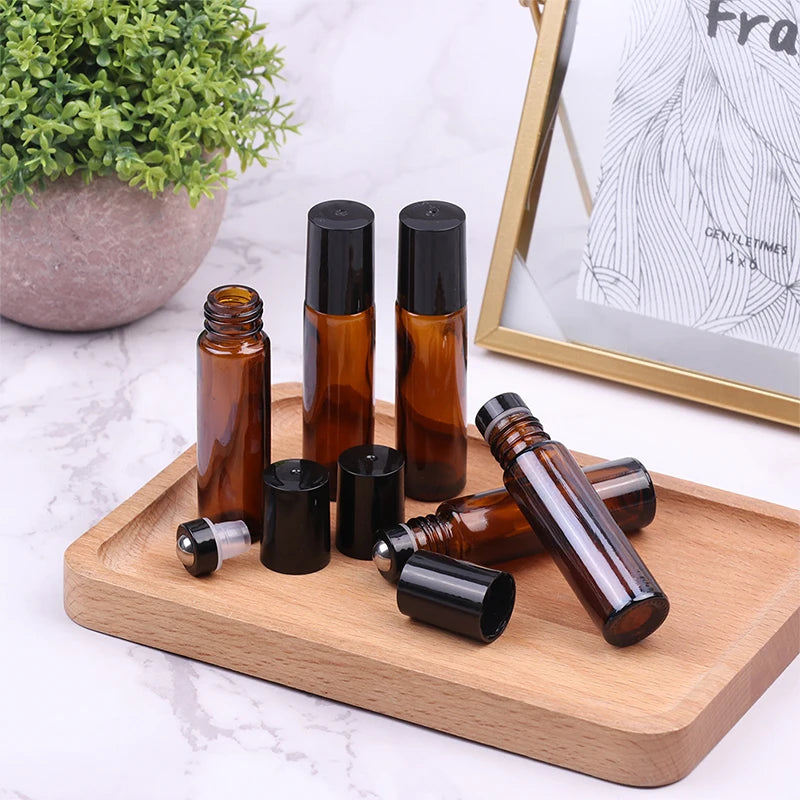 10ml Amber Thin Glass Roll on Bottle Sample Test Essential Oil Vials with Roller Metal Glass Ball