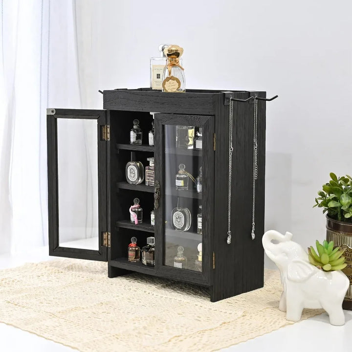 Small Wooden Countertop Storage Cabinet with Adjustable Shelves and Removable Hooks Perfect for Perfume Pantry Essential Oil 10