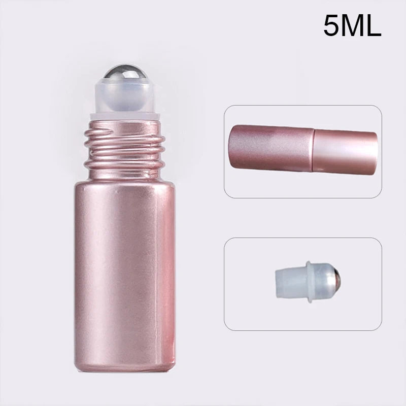 1PCS Glass Roll On Bottle 5/10ml Pink Roller Bottle Essential Oil Lip Gloss Refillable Tube Empty Jar Glass Perfume Bottle