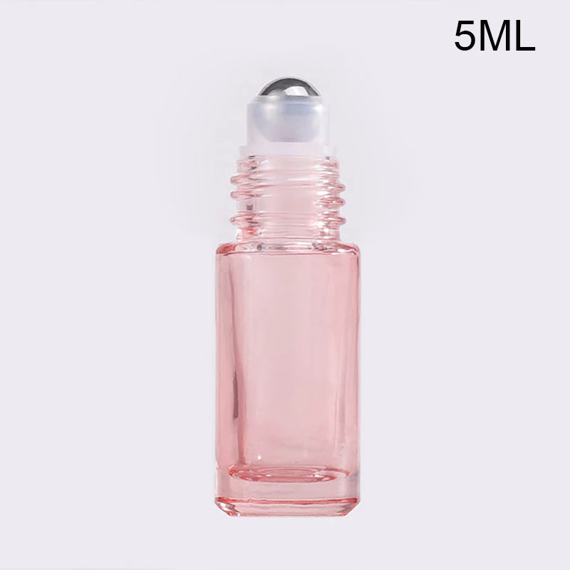 1PCS Glass Roll On Bottle 5/10ml Pink Roller Bottle Essential Oil Lip Gloss Refillable Tube Empty Jar Glass Perfume Bottle