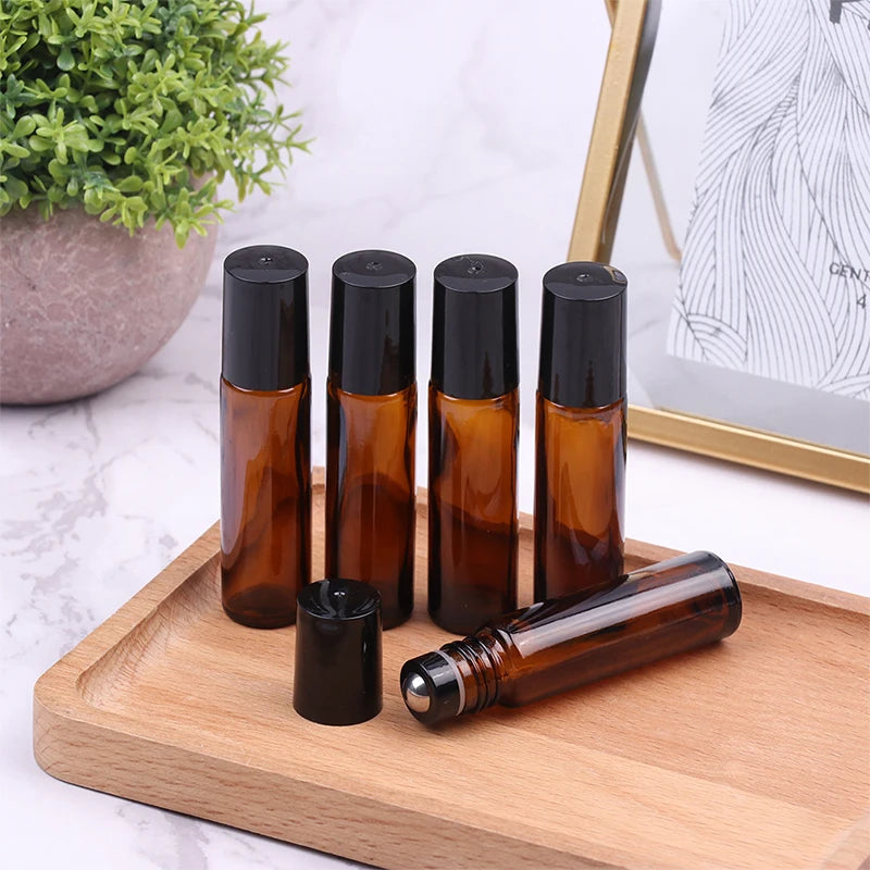 10ml Amber Thin Glass Roll on Bottle Sample Test Essential Oil Vials with Roller Metal Glass Ball