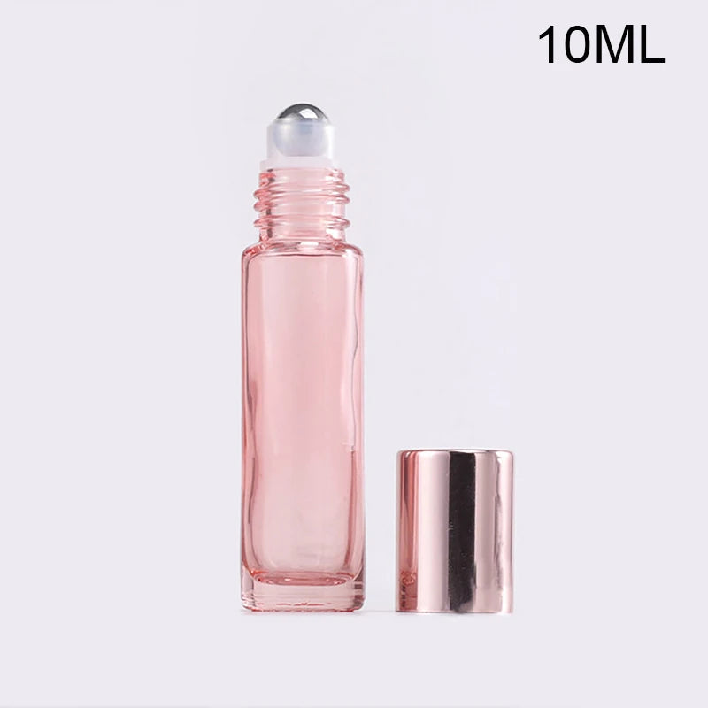 1PCS Glass Roll On Bottle 5/10ml Pink Roller Bottle Essential Oil Lip Gloss Refillable Tube Empty Jar Glass Perfume Bottle