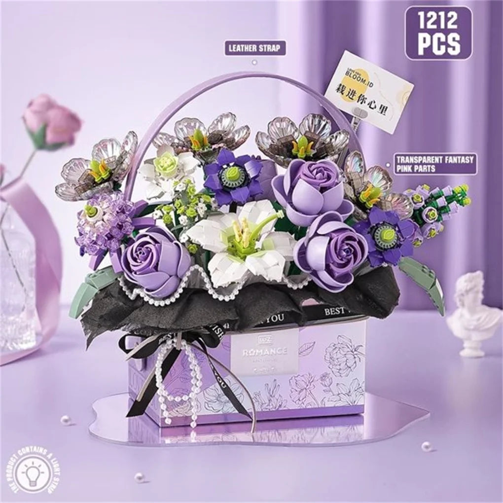 Creative Purple Rose Basket Bouquet Building Blocks Portable Flower Bouquet Gift Box Series Model Bricks Girls Gifts Kids Toys