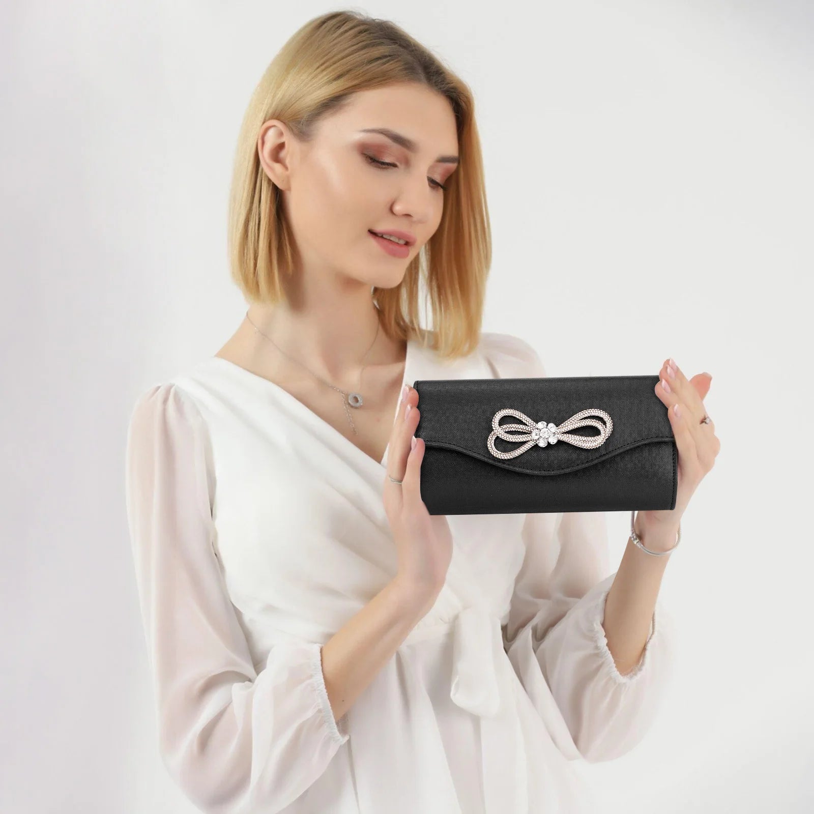 Free shipping!!!PU Leather & Polyester Easy Matching Clutch BagLovely Jewelry with chain & with rhinestone bowknot pattern