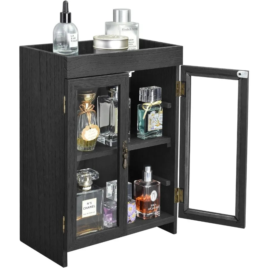 Small Wooden Countertop Storage Cabinet with Adjustable Shelves and Removable Hooks Perfect for Perfume Pantry Essential Oil 10
