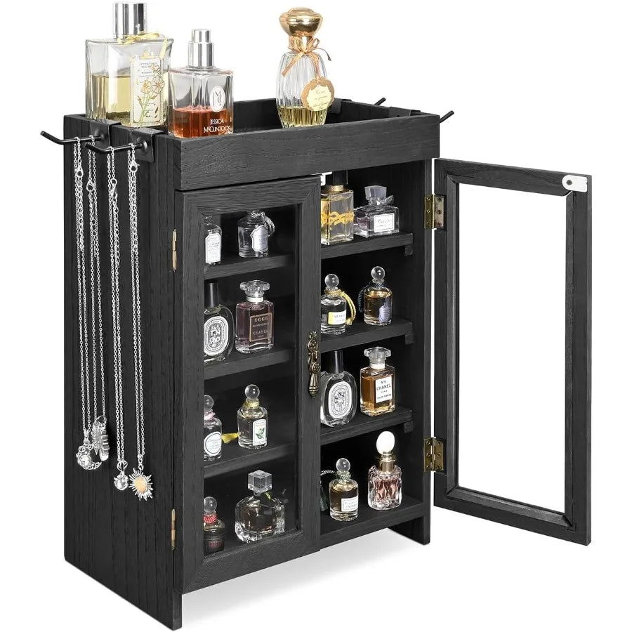 Small Wooden Countertop Storage Cabinet with Adjustable Shelves and Removable Hooks Perfect for Perfume Pantry Essential Oil 10