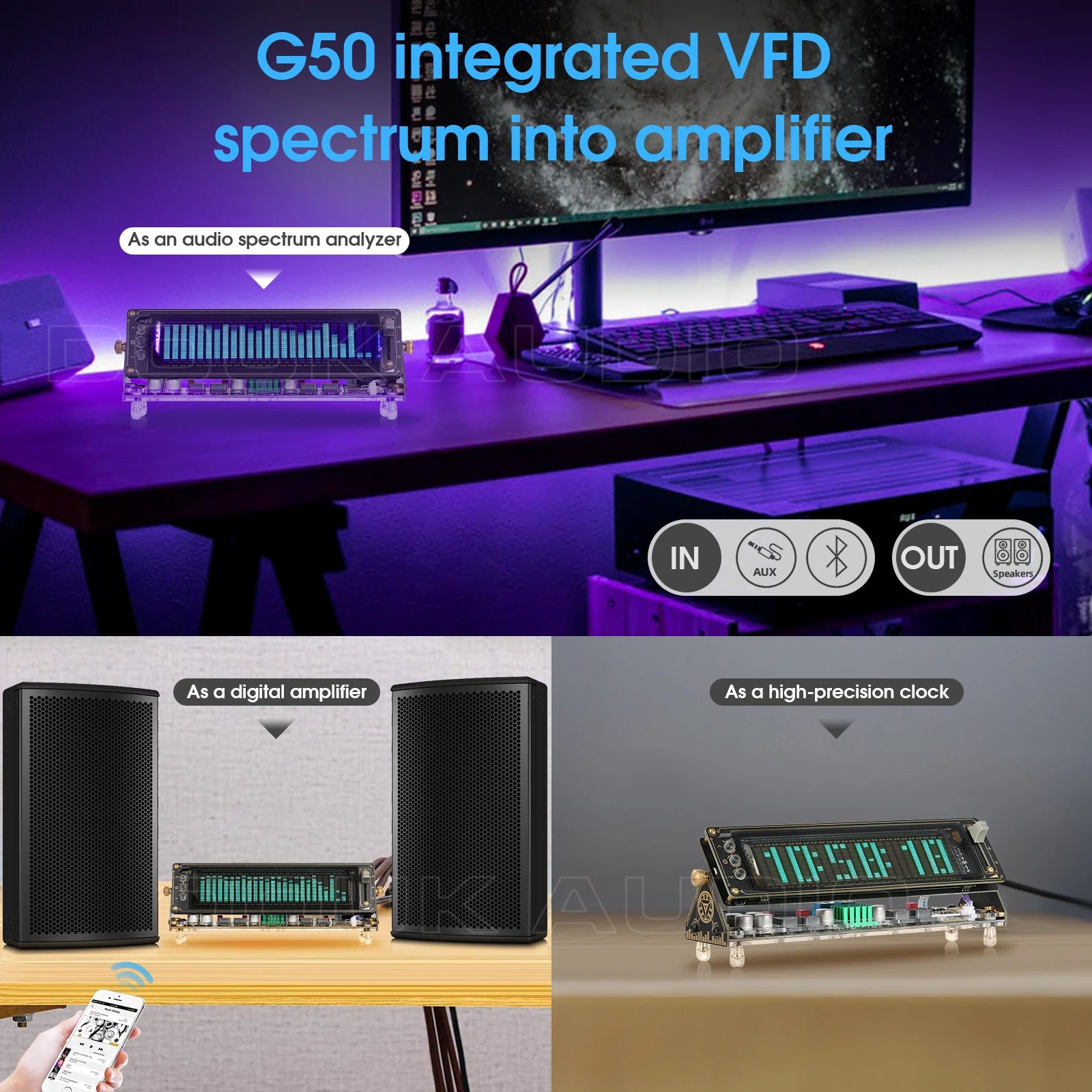 Nobsound G50 HiFi VFD Music Spectrum Stereo Digital Amplifier Bluetooth 5.0 Receiver Power Amplifier Desk Clock Gift