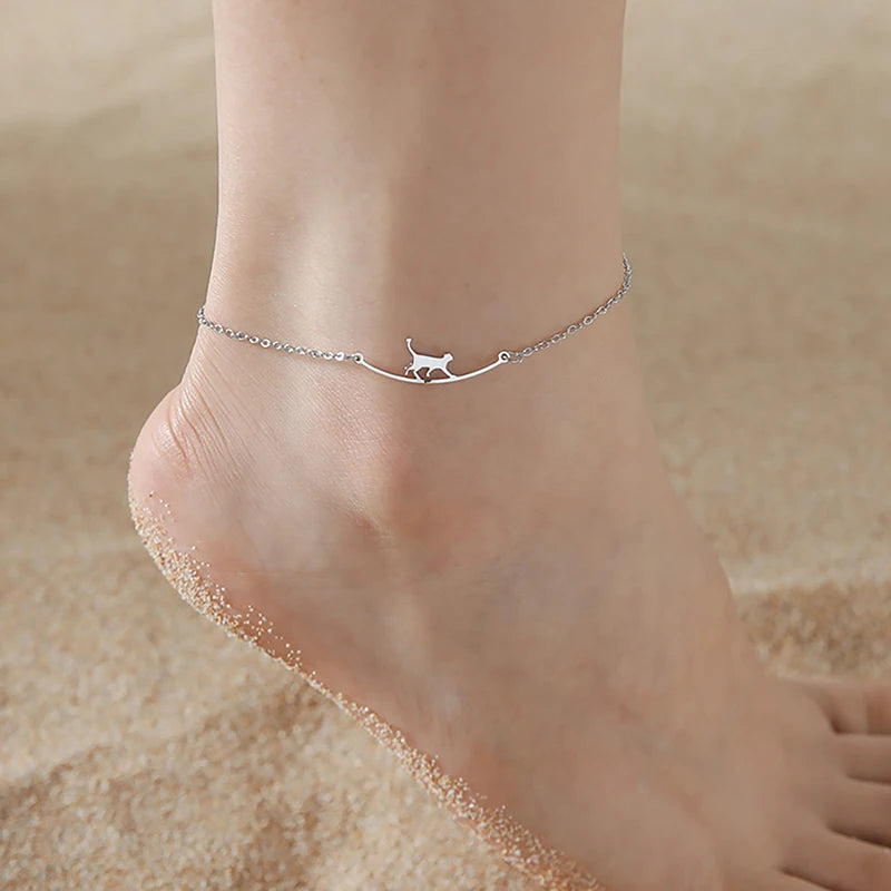 Lovely Trendy Stainless Steel Cute Cat Anklet Animal Pendant Chain Anklet For Women Girls Fashion Jewelry Birthday Gifts