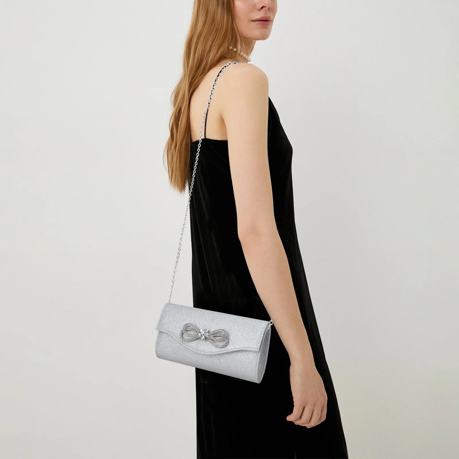 Free shipping!!!PU Leather & Polyester Easy Matching Clutch BagLovely Jewelry with chain & with rhinestone bowknot pattern