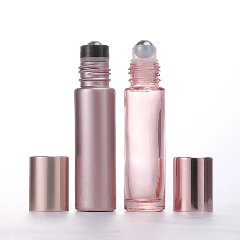 1PCS Glass Roll On Bottle 5/10ml Pink Roller Bottle Essential Oil Lip Gloss Refillable Tube Empty Jar Glass Perfume Bottle