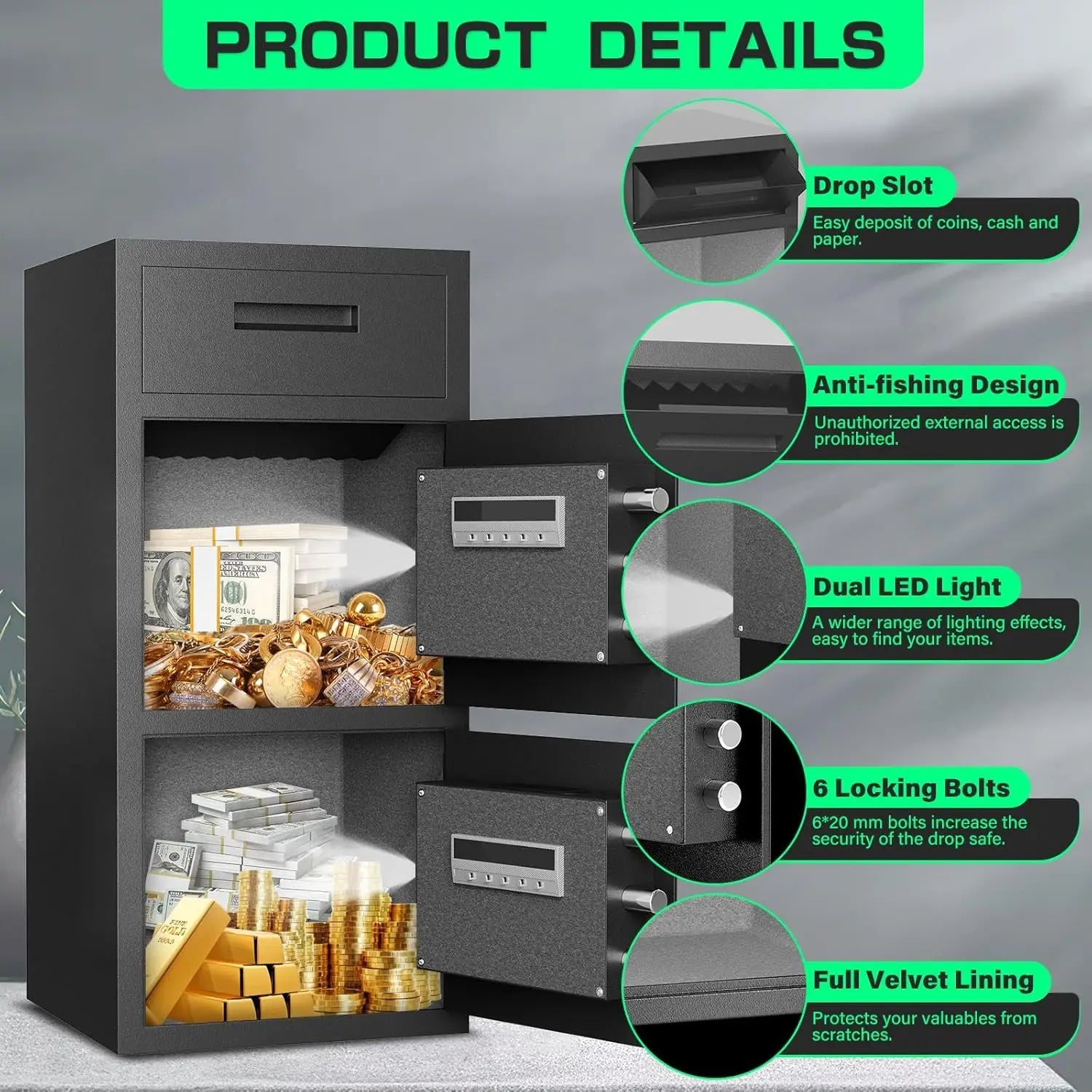 Kavey 6.5 Cub Large Safe with Depository Drop Slot, Digital Keypad & Dual Alarm, Home Safe for Documents Cash, Jewelry