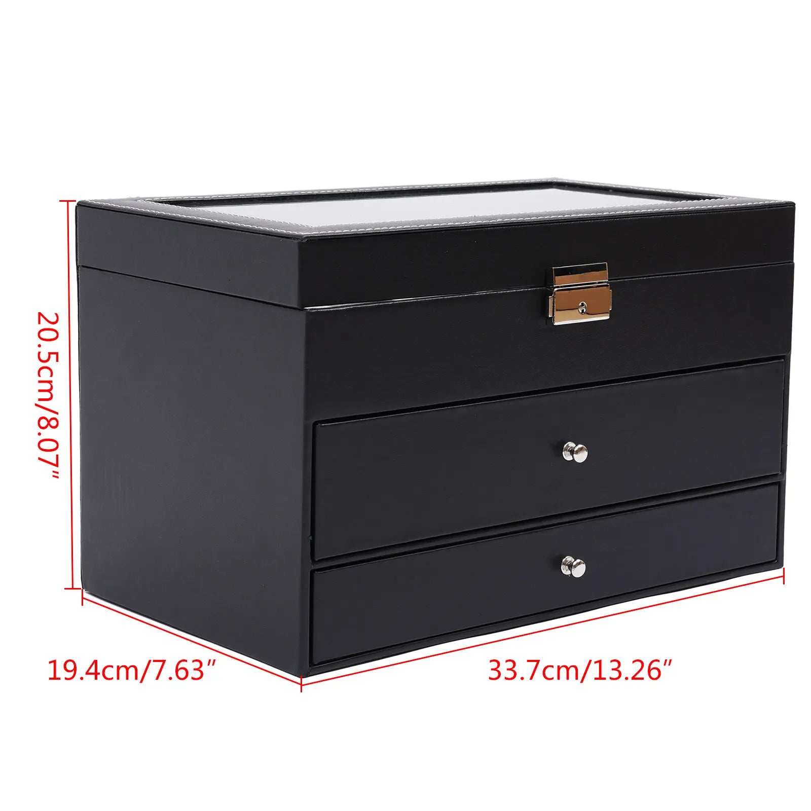 Bymaocar Black 3-Tier Drawer Jewelry Box, 12-Slot Watch Organizer W/ PU Leather & Metal Clasp, Eyeglass & Sunglass Storage Case