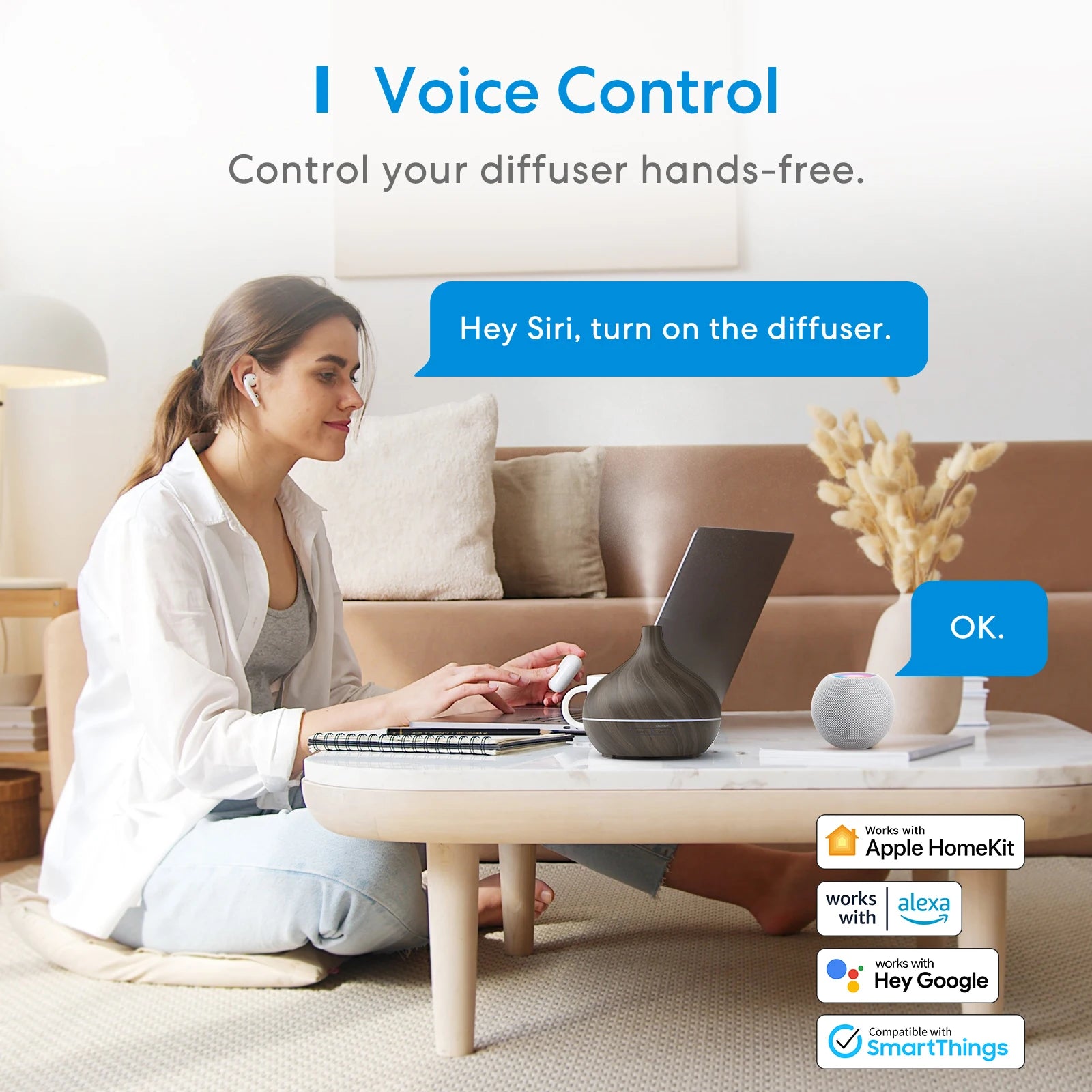 Meross Smart WiFi Wooden Essential Oil Diffuser Air Humidifier Voice Control Humificador For Bedroom Home Plants Support HomeKit