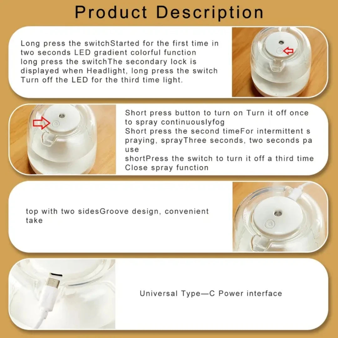 Ultrasonic Cool Mist Humidifier 21.98oz, USB Powered, Essential Oil Compatible, 7 Color Night Light, 2 Spray Modes, ABS Material