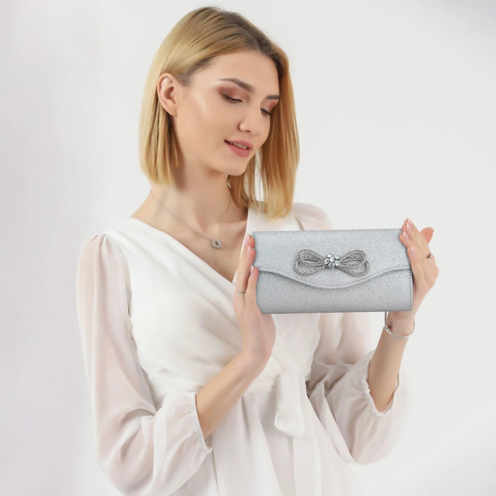 Free shipping!!!PU Leather & Polyester Easy Matching Clutch BagLovely Jewelry with chain & with rhinestone bowknot pattern