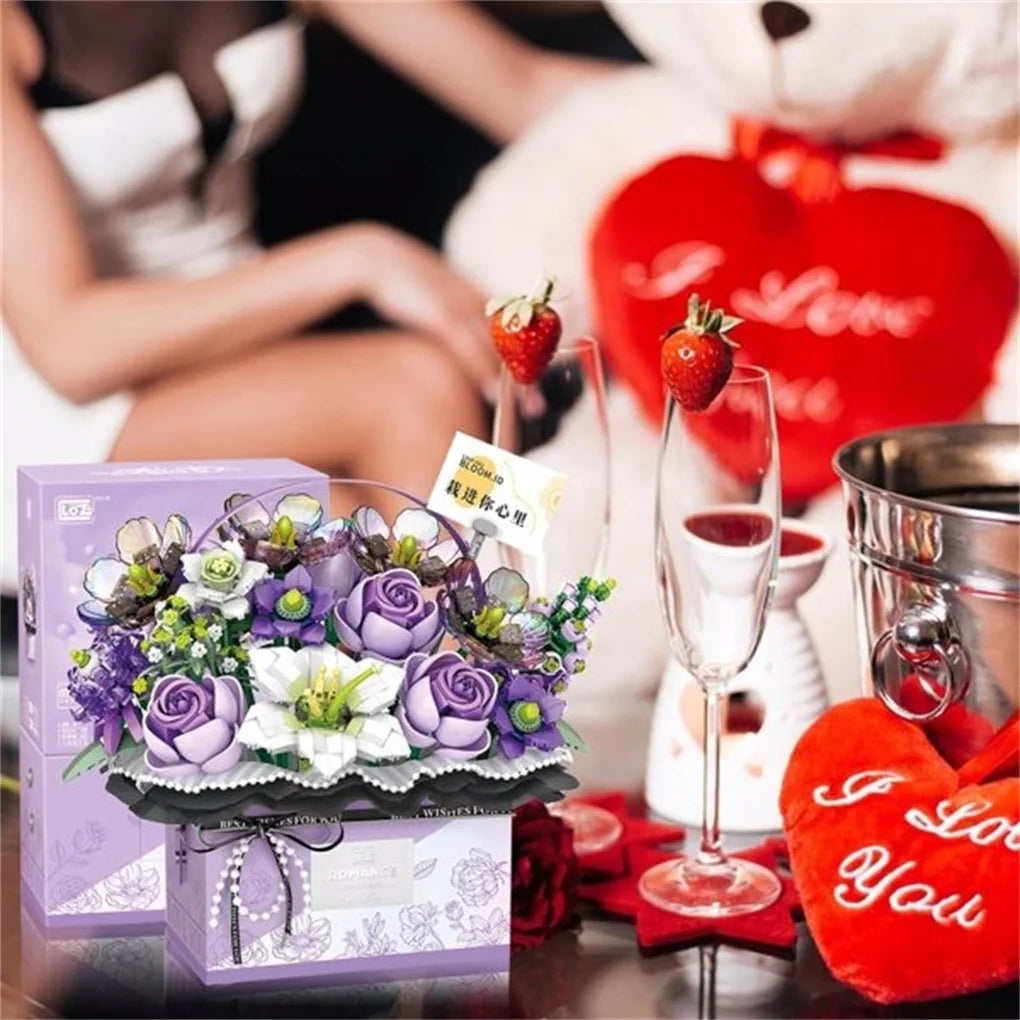 Creative Purple Rose Basket Bouquet Building Blocks Portable Flower Bouquet Gift Box Series Model Bricks Girls Gifts Kids Toys