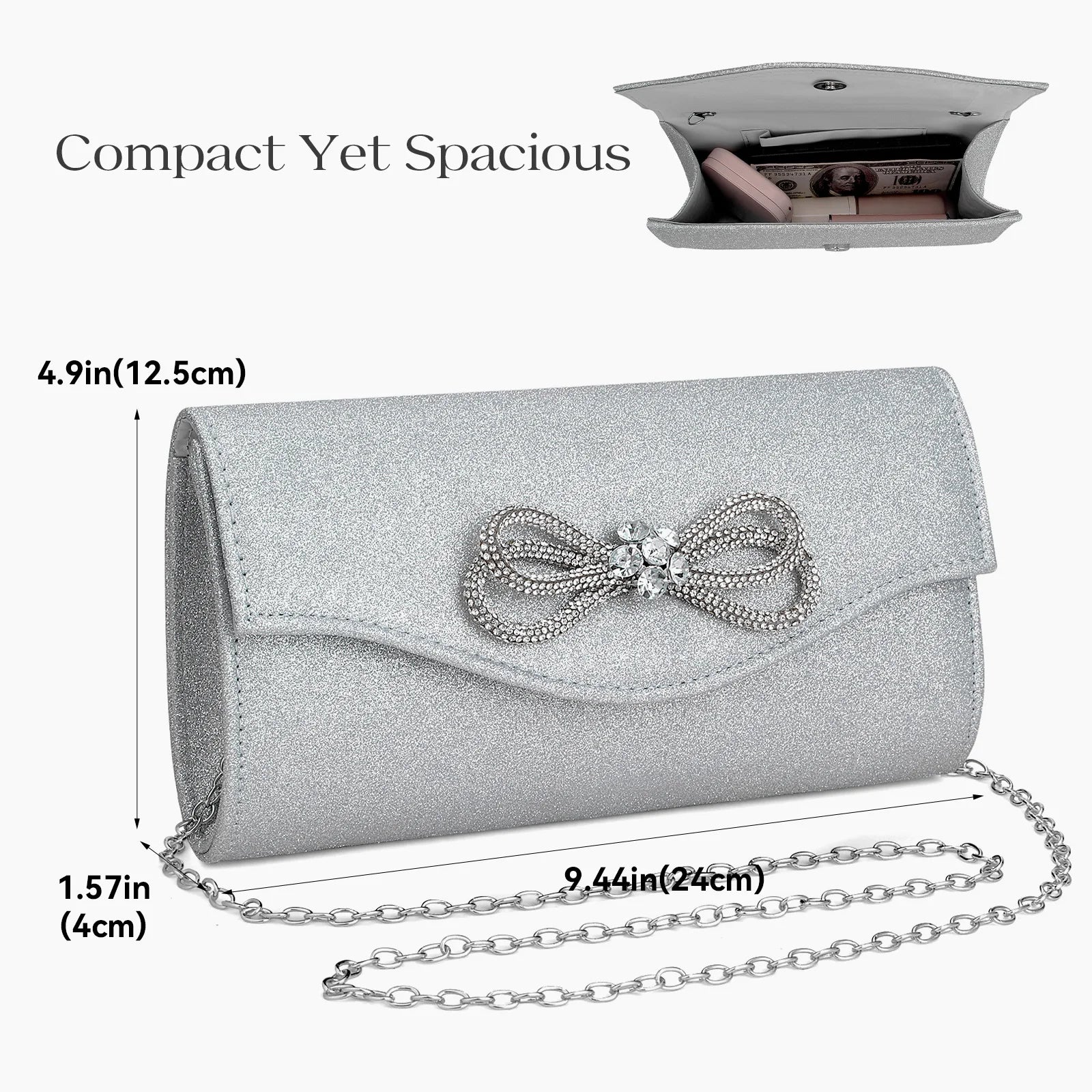 Free shipping!!!PU Leather & Polyester Easy Matching Clutch BagLovely Jewelry with chain & with rhinestone bowknot pattern