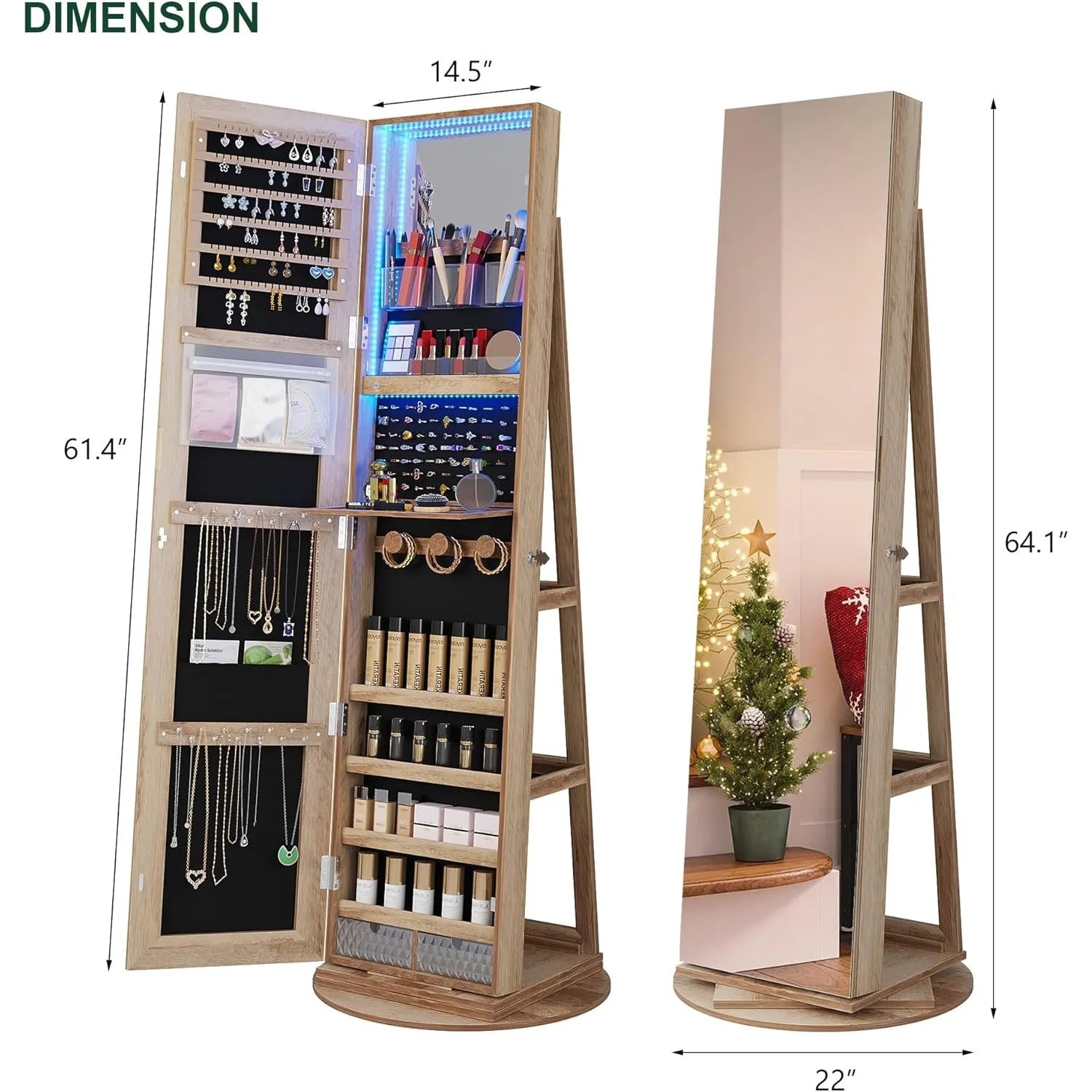 360° Swivel Jewelry Cabinet with Lights, Standing Jewelry Armoire Organizer, Rotatable Jewelry Mirror, Full Length Mirror