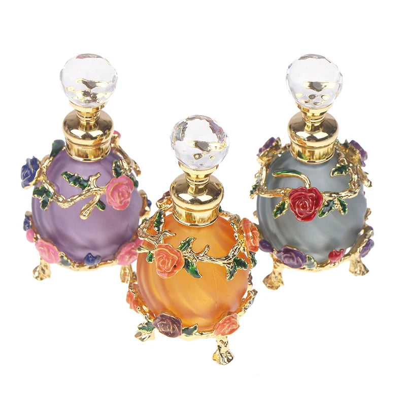 1Pc Dubai 15ML Beauty Salon Flowers Glass Perfume Empty Bottle Vacuum Bottle Essential Oil Olive Oil Reusable Storage Bottle