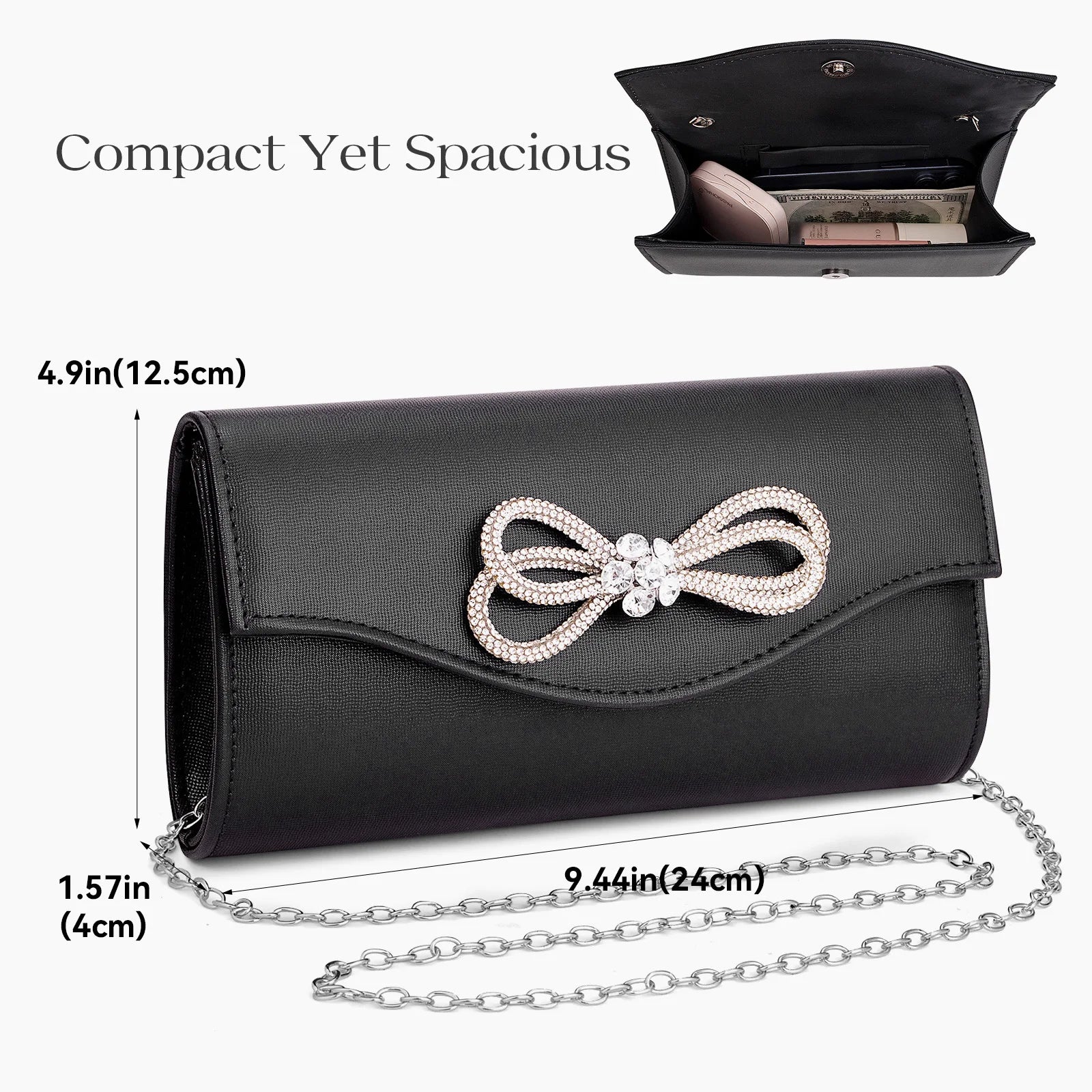 Free shipping!!!PU Leather & Polyester Easy Matching Clutch BagLovely Jewelry with chain & with rhinestone bowknot pattern