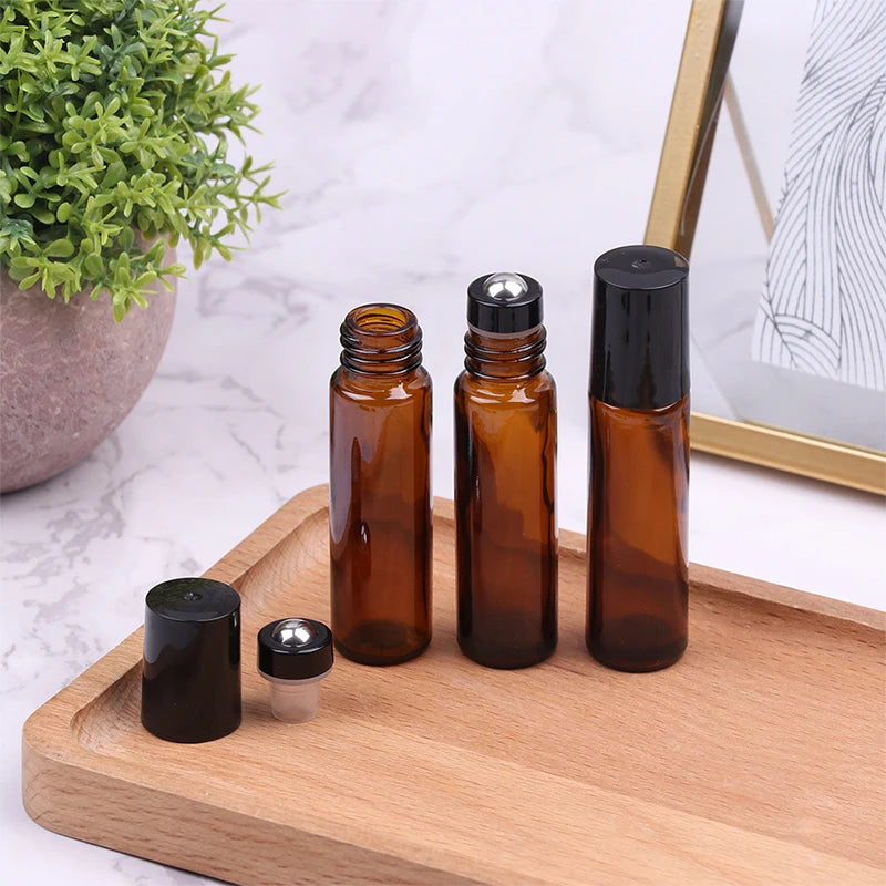 10ml Amber Thin Glass Roll on Bottle Sample Test Essential Oil Vials with Roller Metal Glass Ball