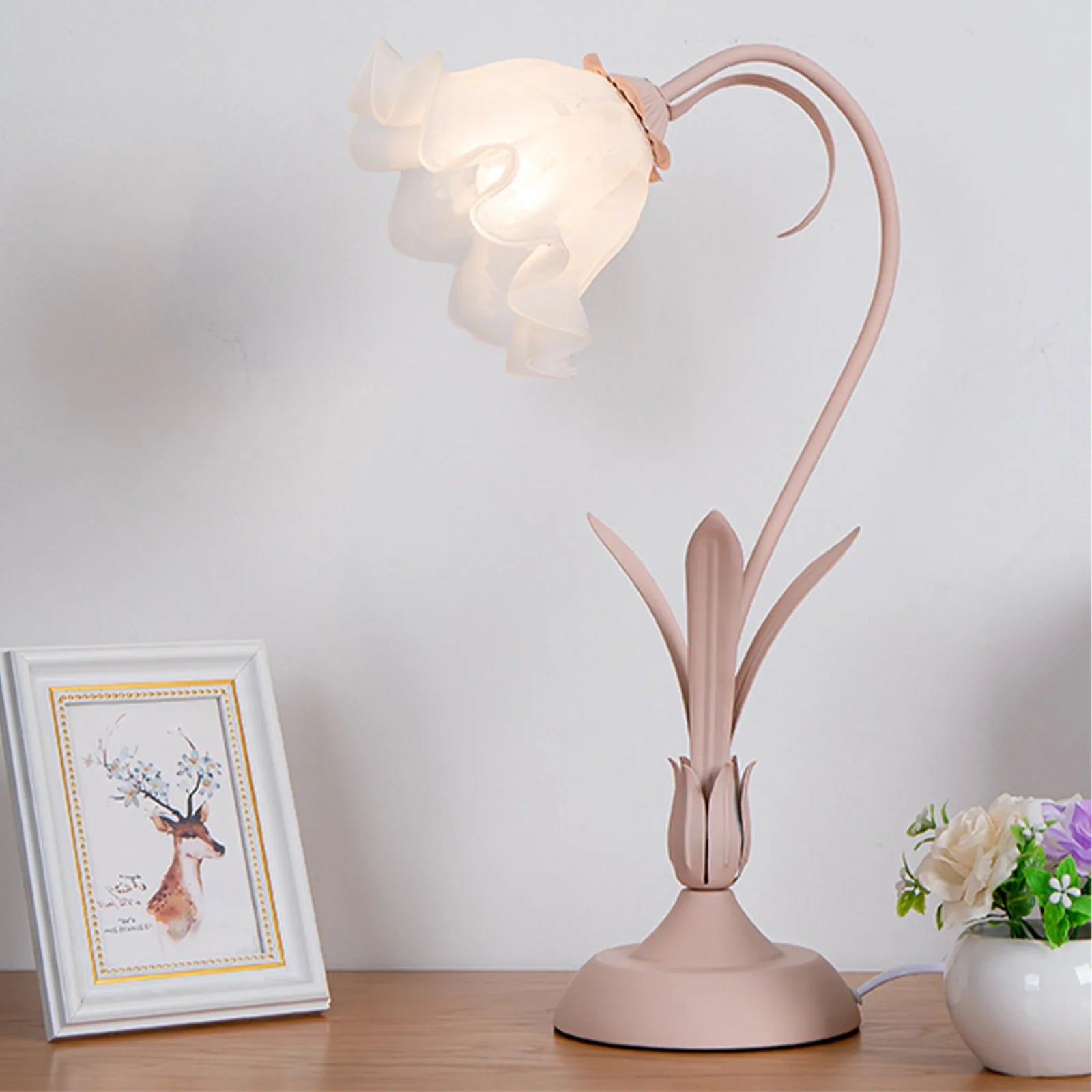 Bymaocar Pink Flower Desk Light LED Table 110V Fashional Lamp Indoor Lighting E27 Home Decor W/ Glass Lampshade for Bedroom Desk