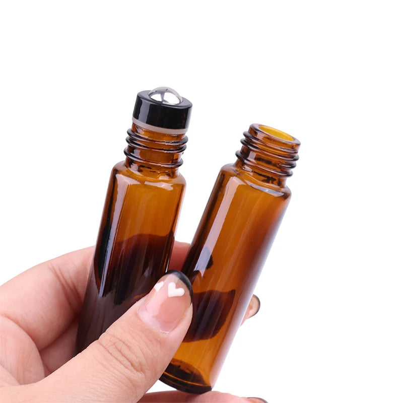 10ml Amber Thin Glass Roll on Bottle Sample Test Essential Oil Vials with Roller Metal Glass Ball