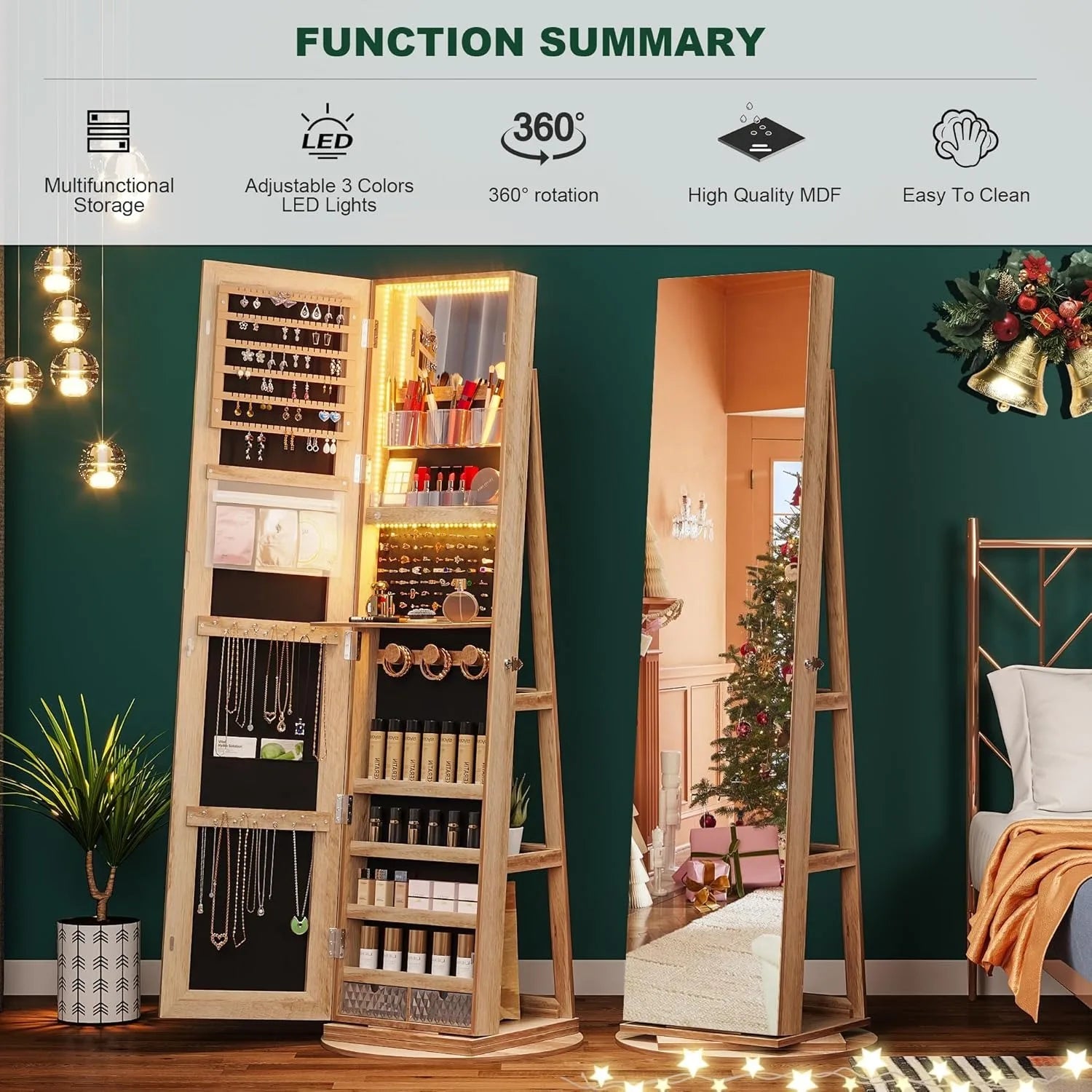 360° Swivel Jewelry Cabinet with Lights, Standing Jewelry Armoire Organizer, Rotatable Jewelry Mirror, Full Length Mirror