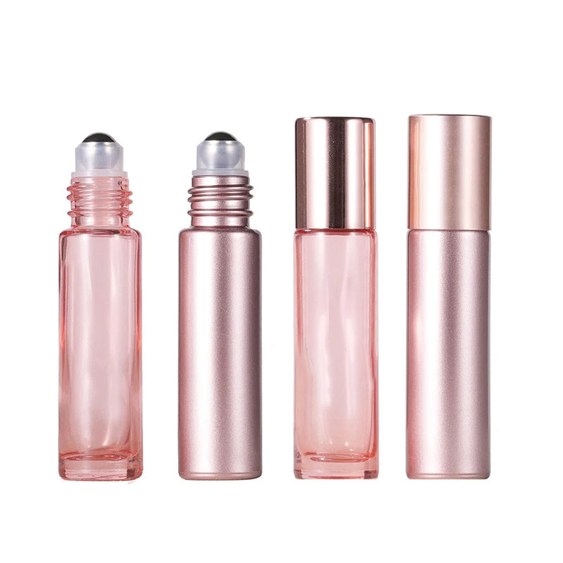 1PCS Glass Roll On Bottle 5/10ml Pink Roller Bottle Essential Oil Lip Gloss Refillable Tube Empty Jar Glass Perfume Bottle