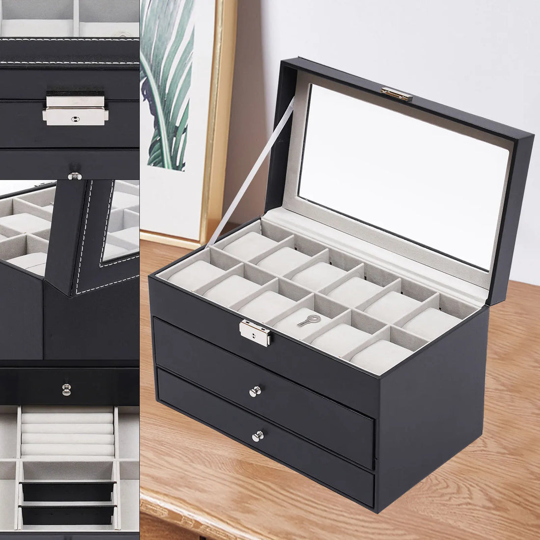 Bymaocar Black 3-Tier Drawer Jewelry Box, 12-Slot Watch Organizer W/ PU Leather & Metal Clasp, Eyeglass & Sunglass Storage Case
