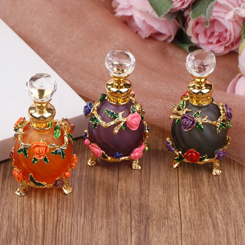 1Pc Dubai 15ML Beauty Salon Flowers Glass Perfume Empty Bottle Vacuum Bottle Essential Oil Olive Oil Reusable Storage Bottle