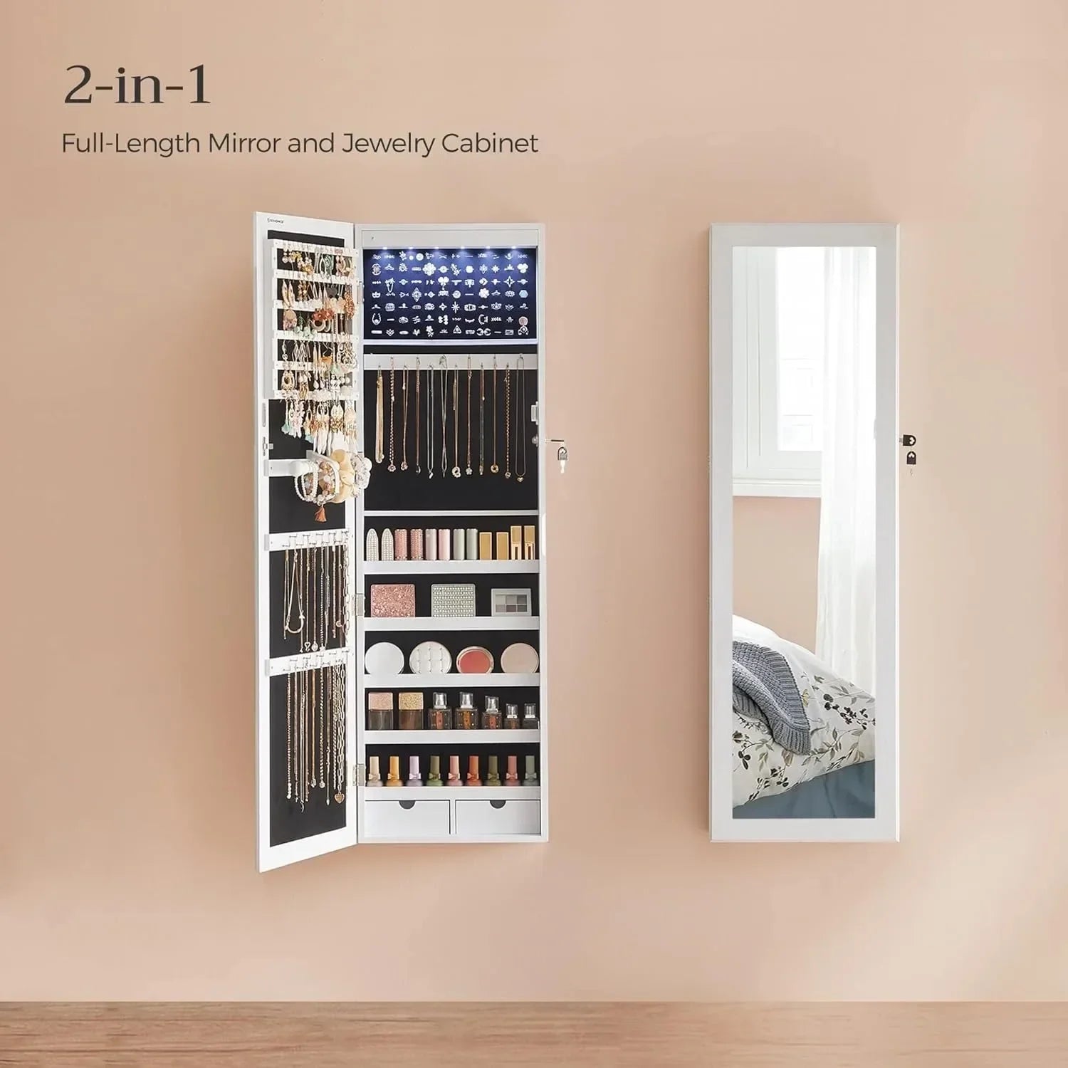 6 LEDs Mirror Jewelry Cabinet, 47.2-Inch Tall Lockable Wall or Door Mounted Jewelry Armoire Organizer with Mirror, 2 Drawers