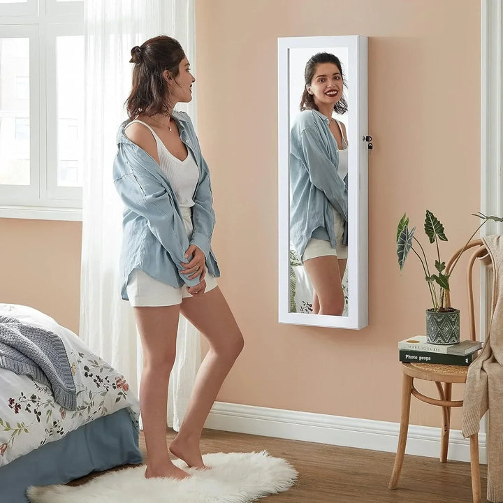 6 LEDs Mirror Jewelry Cabinet, 47.2-Inch Tall Lockable Wall or Door Mounted Jewelry Armoire Organizer with Mirror, 2 Drawers