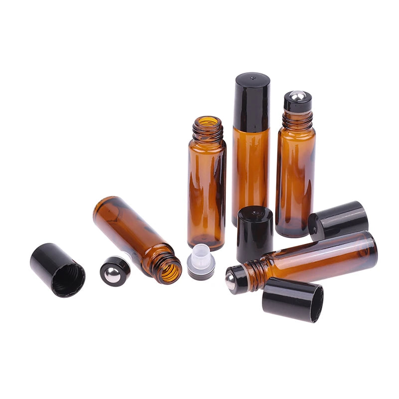 10ml Amber Thin Glass Roll on Bottle Sample Test Essential Oil Vials with Roller Metal Glass Ball