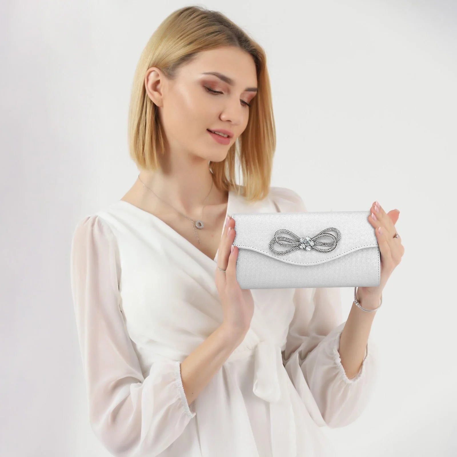 Free shipping!!!PU Leather & Polyester Easy Matching Clutch BagLovely Jewelry with chain & with rhinestone bowknot pattern