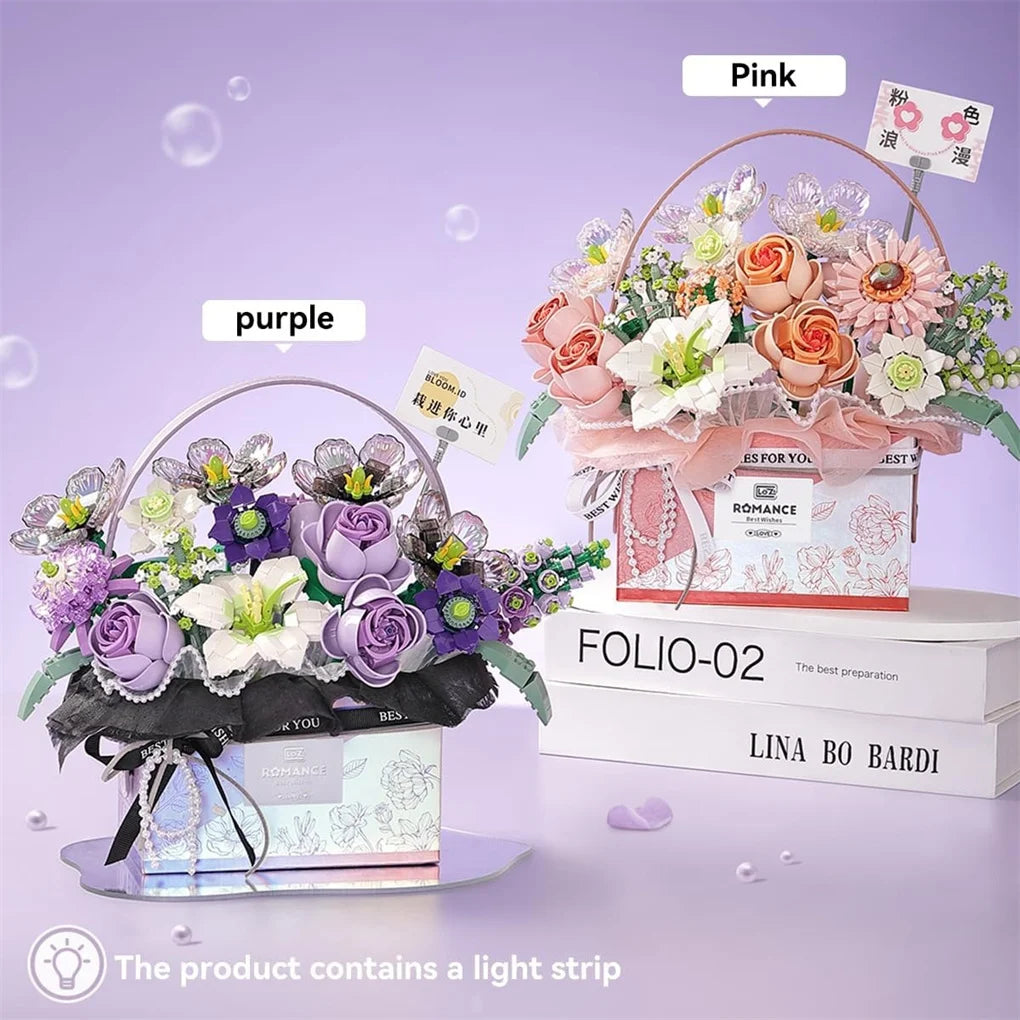 Creative Purple Rose Basket Bouquet Building Blocks Portable Flower Bouquet Gift Box Series Model Bricks Girls Gifts Kids Toys