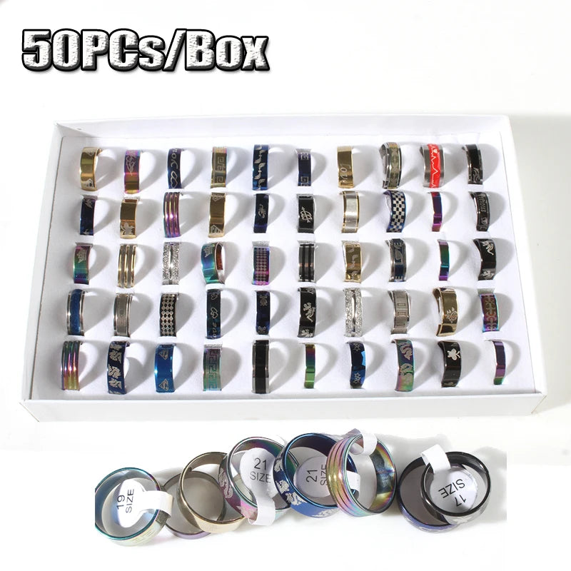 50Pcs/Lot Fashion Sparkling Multicolor Shells Stainless Steel Rings For Women Men Mix Style Wedding Party Finger Jewelry