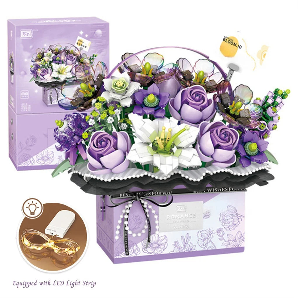 Creative Purple Rose Basket Bouquet Building Blocks Portable Flower Bouquet Gift Box Series Model Bricks Girls Gifts Kids Toys