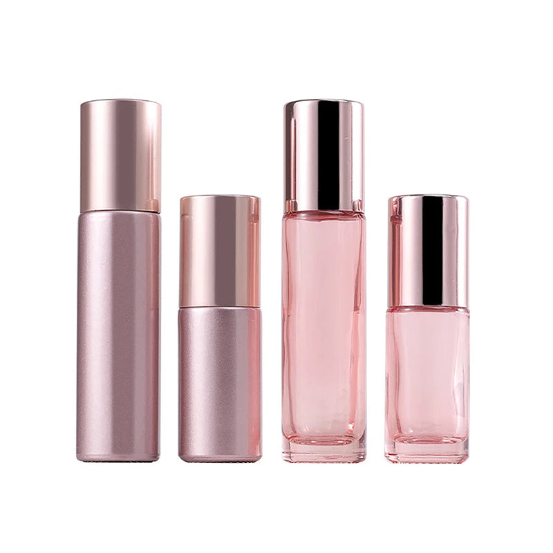 1PCS Glass Roll On Bottle 5/10ml Pink Roller Bottle Essential Oil Lip Gloss Refillable Tube Empty Jar Glass Perfume Bottle