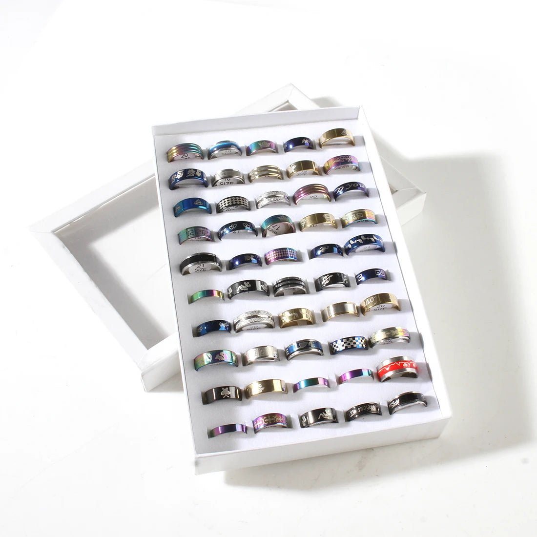 50Pcs/Lot Fashion Sparkling Multicolor Shells Stainless Steel Rings For Women Men Mix Style Wedding Party Finger Jewelry