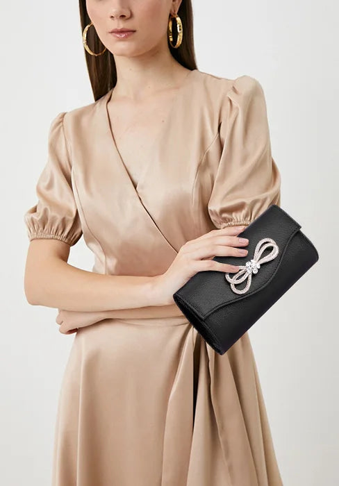 Free shipping!!!PU Leather & Polyester Easy Matching Clutch BagLovely Jewelry with chain & with rhinestone bowknot pattern