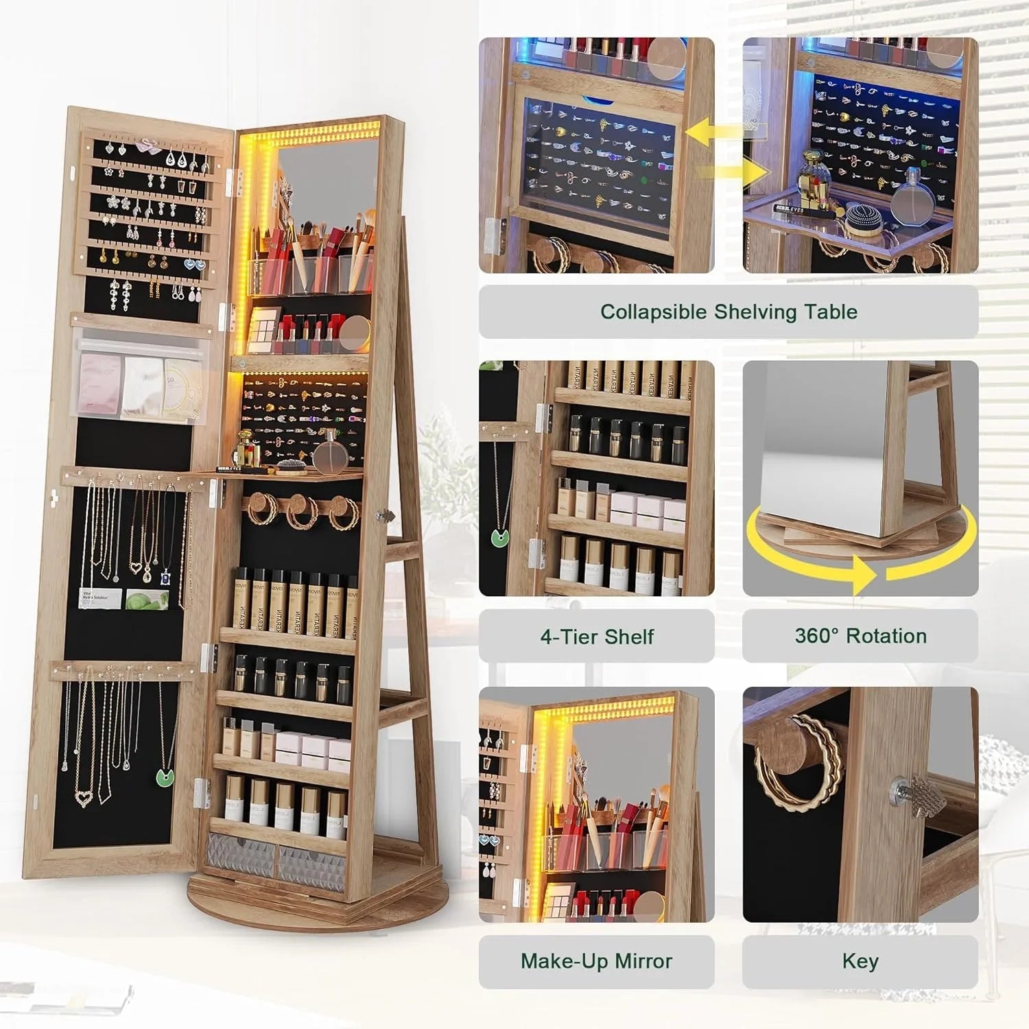 360° Swivel Jewelry Cabinet with Lights, Standing Jewelry Armoire Organizer, Rotatable Jewelry Mirror, Full Length Mirror