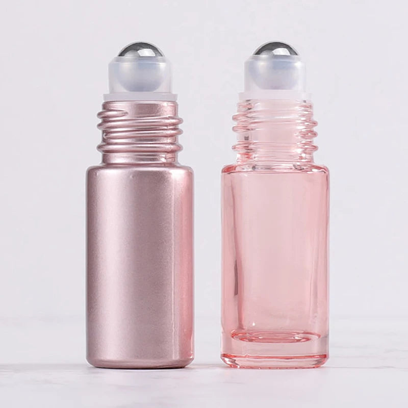 1PCS Glass Roll On Bottle 5/10ml Pink Roller Bottle Essential Oil Lip Gloss Refillable Tube Empty Jar Glass Perfume Bottle