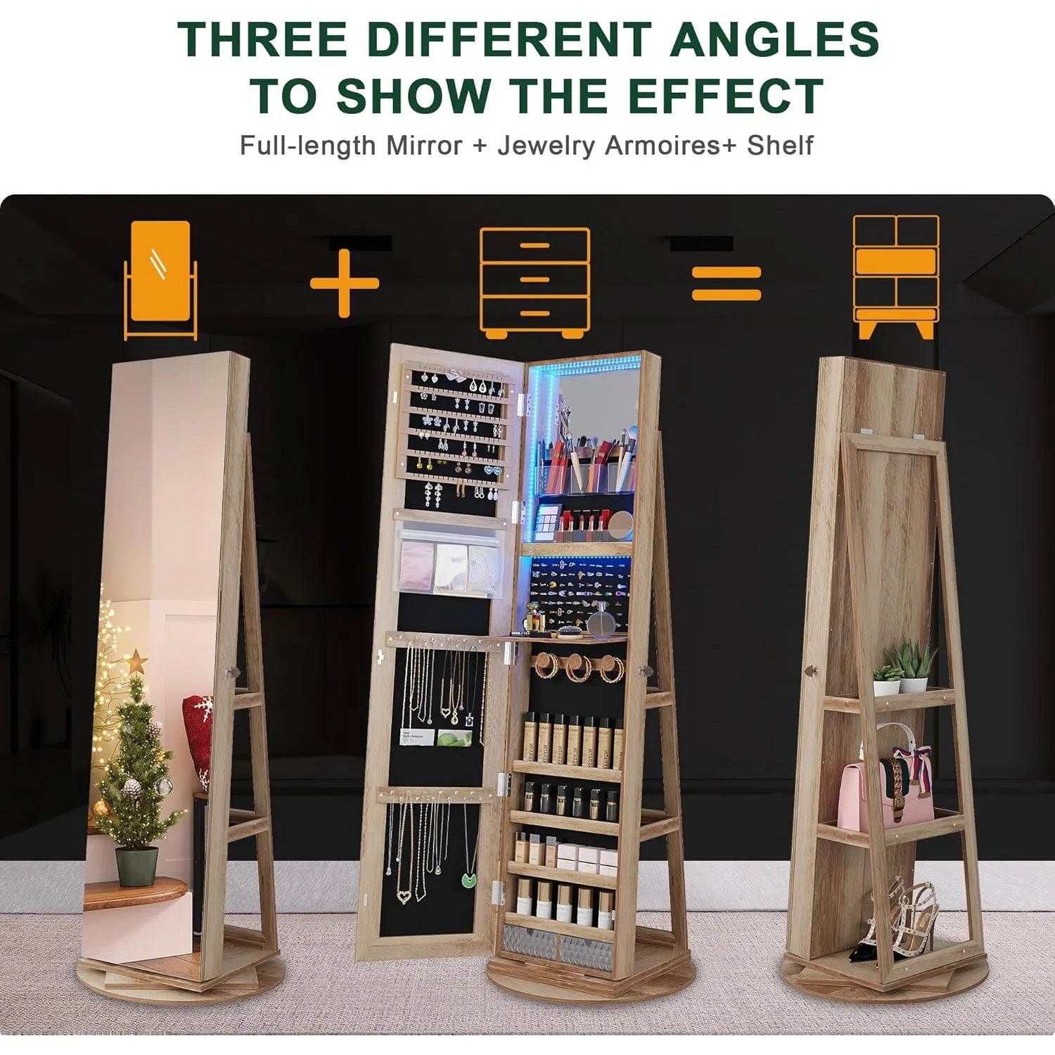 360° Swivel Jewelry Cabinet with Lights, Standing Jewelry Armoire Organizer, Rotatable Jewelry Mirror, Full Length Mirror